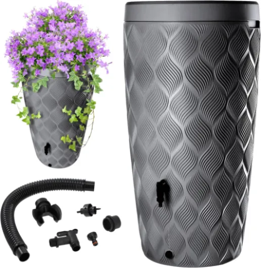Récupérateur d'eau de Pluie avec bac à Plantes intégré dans Le Couvercle - 240 l - en Plastique - Réservoir d'eau de Pluie avec Robinet - Résistant au Gel - Gris foncé
