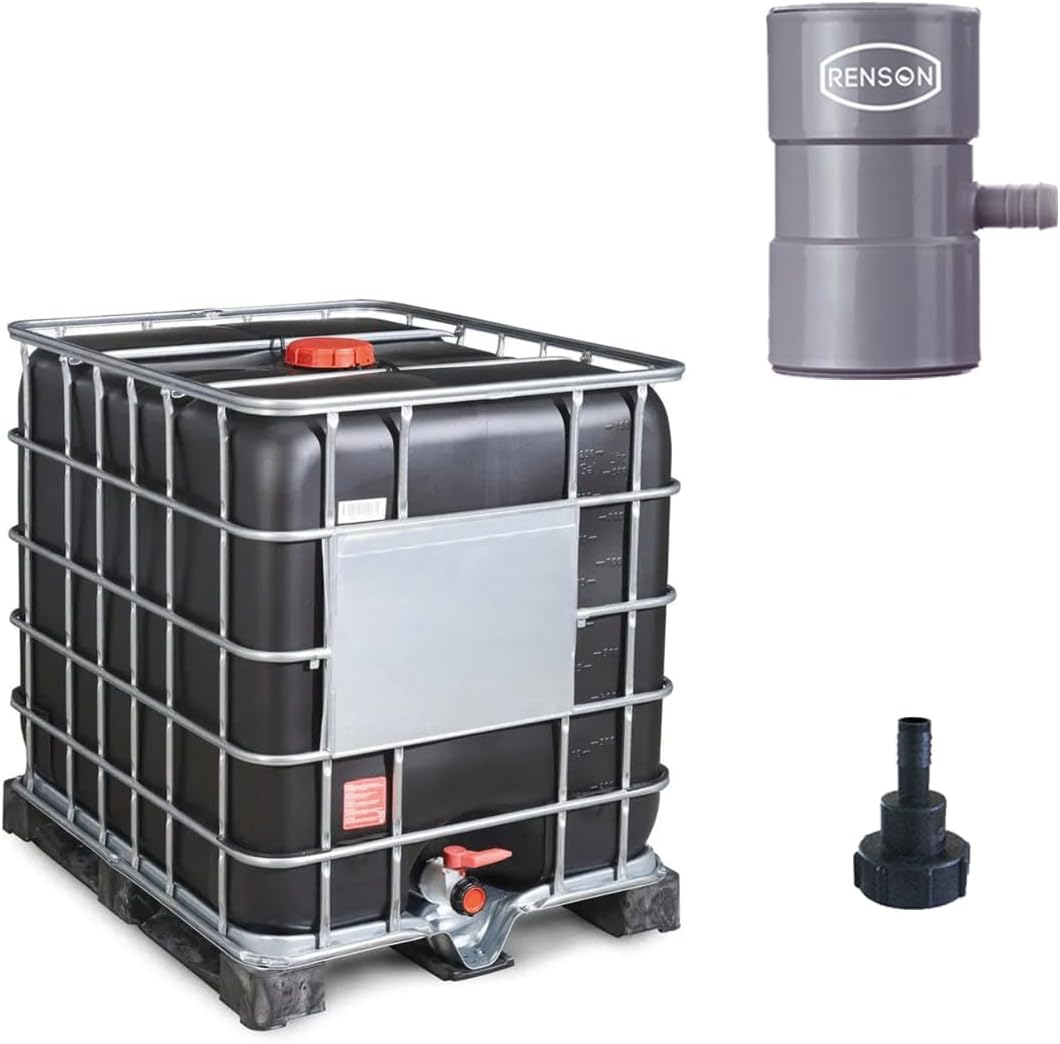 Kit de récupération d'eau de Pluie, avec IBC 1000L, collecteur de gouttière et Adaptateur pour Tuyau d'arrosage, cuve à Eau reconditionnée RENSON