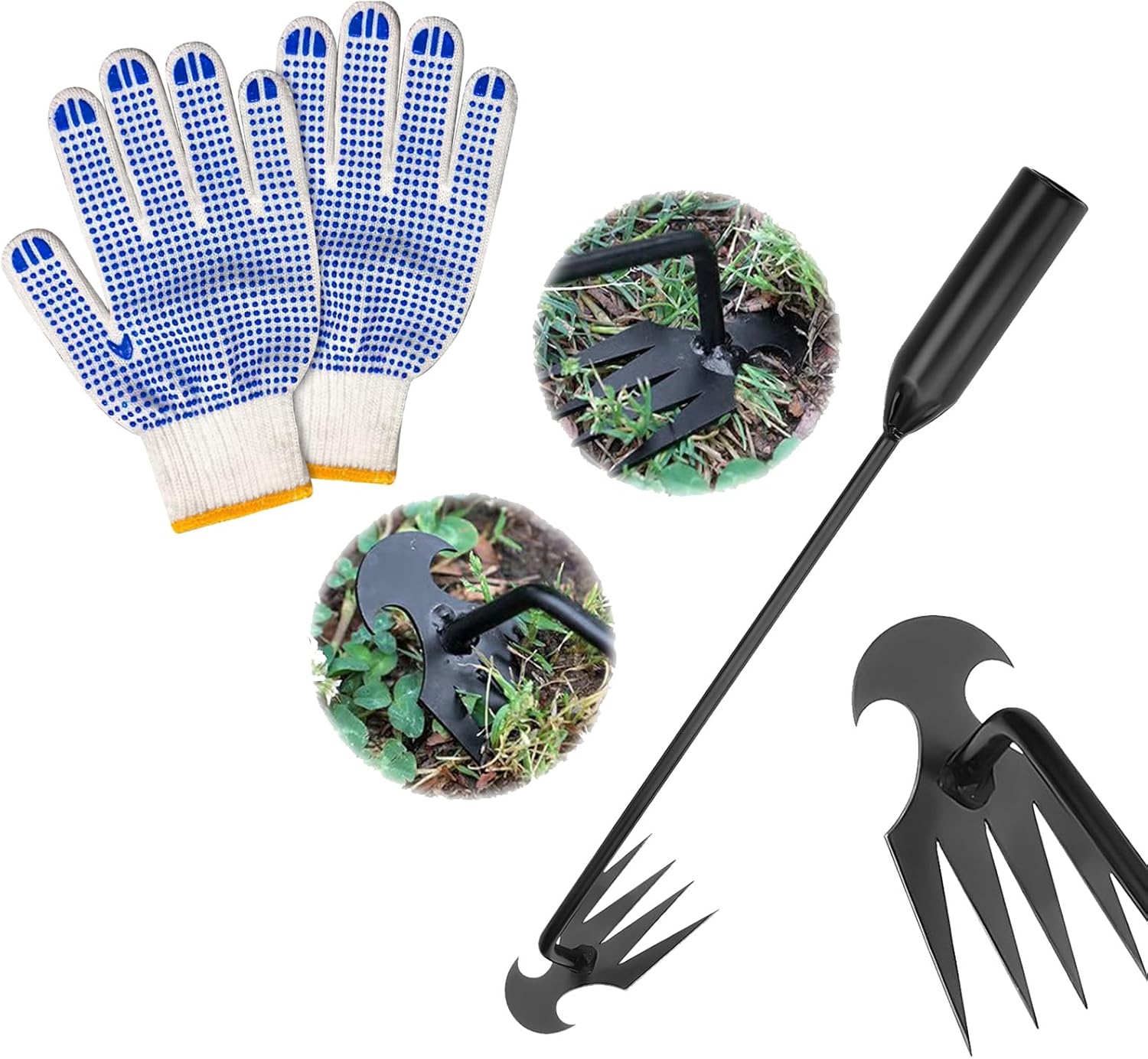 Outil de désherbage robuste avec gant, extracteur de mauvaises herbes à 4 dents, outil d'arrache-mauvaises herbes avec long manche, désherbeur de tournesol pour jardinage et plantation de légumes Style B - 50 cm