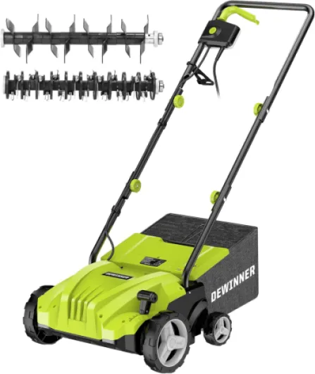 1500W Scarificateur émousseur électrique, 2 en 1 Scarificateur Aérateur Électrique, 3200r/min, avec 2 Lames de Rechange Incluses, Bac Ramassage 30L, Profondeur Réglable-4 Profondeurs