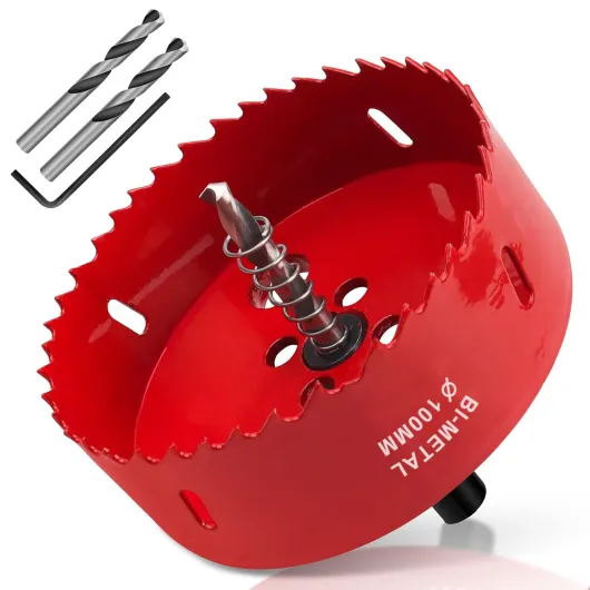 Yeepeo Scie Cloche 100mm, HSS M42 Bi-Métal Scies-cloches Bois, Scie à Trous Avec Adaptateur et Foret de Centrage idéale pour Bois, Plaque de Plâtre, Cloison Sèche, Plastique, 1 pièce Rouge ø100mm