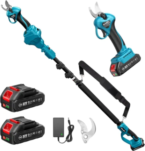Secateur electrique avec Perche, Portée de 4,57 m, Secateur Telescopique Electrique & Sécateur à Batterie 2-en-1, 33 mm Sécateur Électrique sans fil, 2x2.0 Ah Batteries, 600 W Moteur Sans Balai 2 in 1 30mm