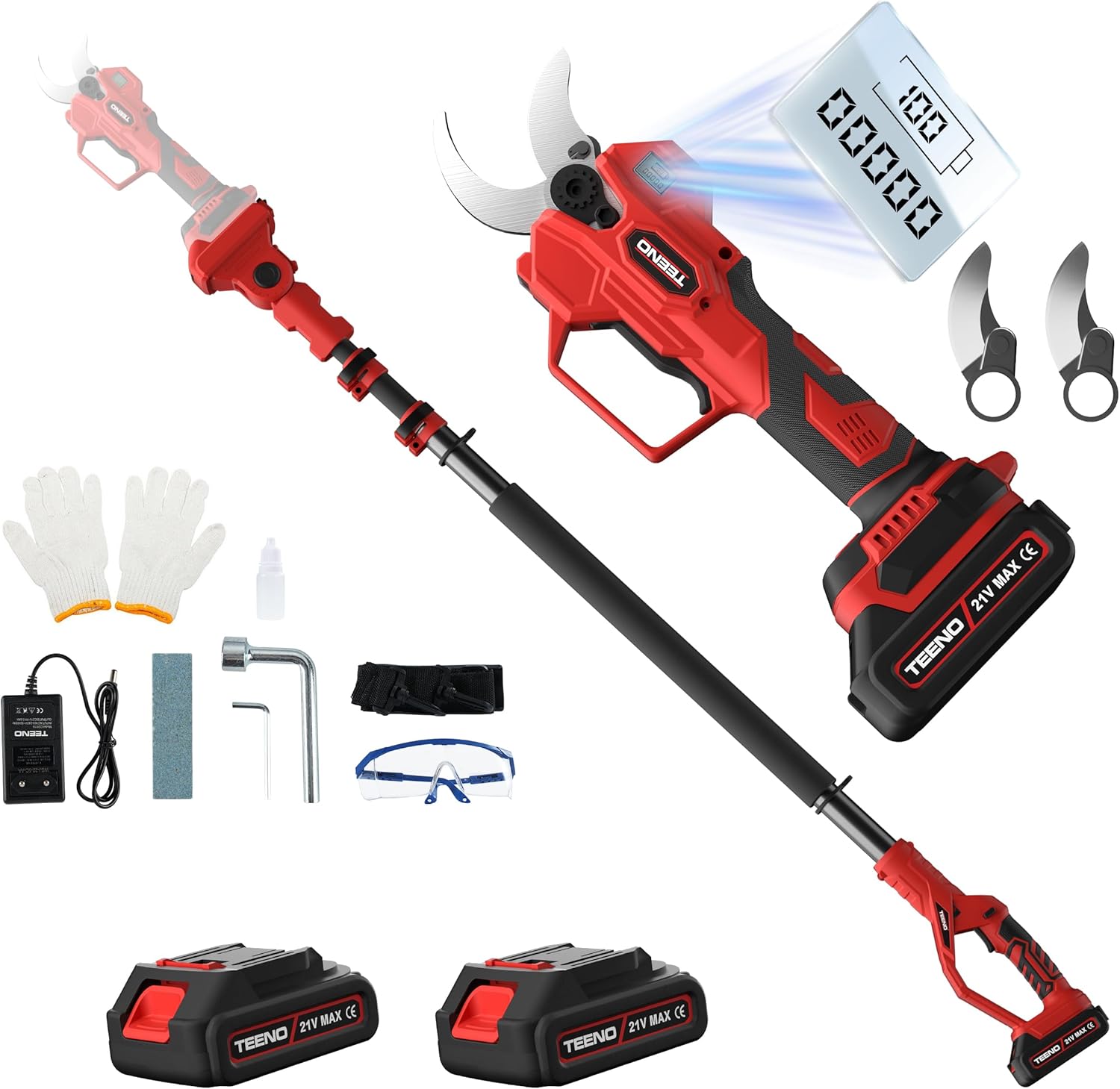 2-en-1 Sécateur électrique avec perche télescopique, 40MM Secateur electrique sans fil 4000mAh avec Écran, 2 Batteries de 2.0Ah, our le jardinage, les arbres fruitiers avec tige télescopique