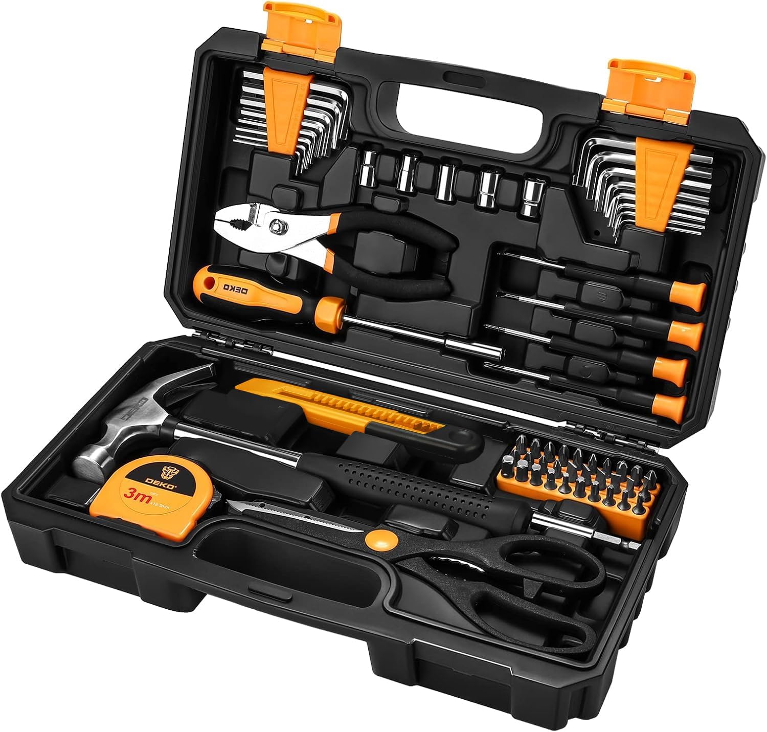 DEKO outils bricolage kit - 62 Pièce malette outils à Main Ménage Général avec Boîte à Outils en Plastique Mallette de Rangement Jaune