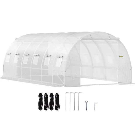 Serre Tunnel Jardin 6,1x3x2,1 m Tente Abri Plantes Cadre en Acier Galvanisé Couverture Étanche PE 3 Poutres Supérieures 4 Poteaux Diagonaux 2 Portes 12 Fenêtres pour Cultiver Légume Fleurs Blanc