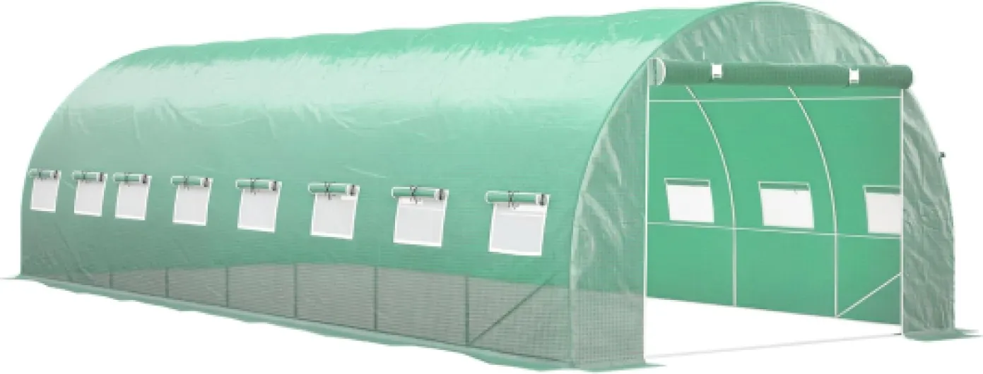 Serre de Jardin Tunnel 24m² 8L x 3l x 2H m - 16 fenêtres, Porte zippée Enroulable - châssis Tubulaire Acier galvanisé, bâche PE Haute densité Vert
