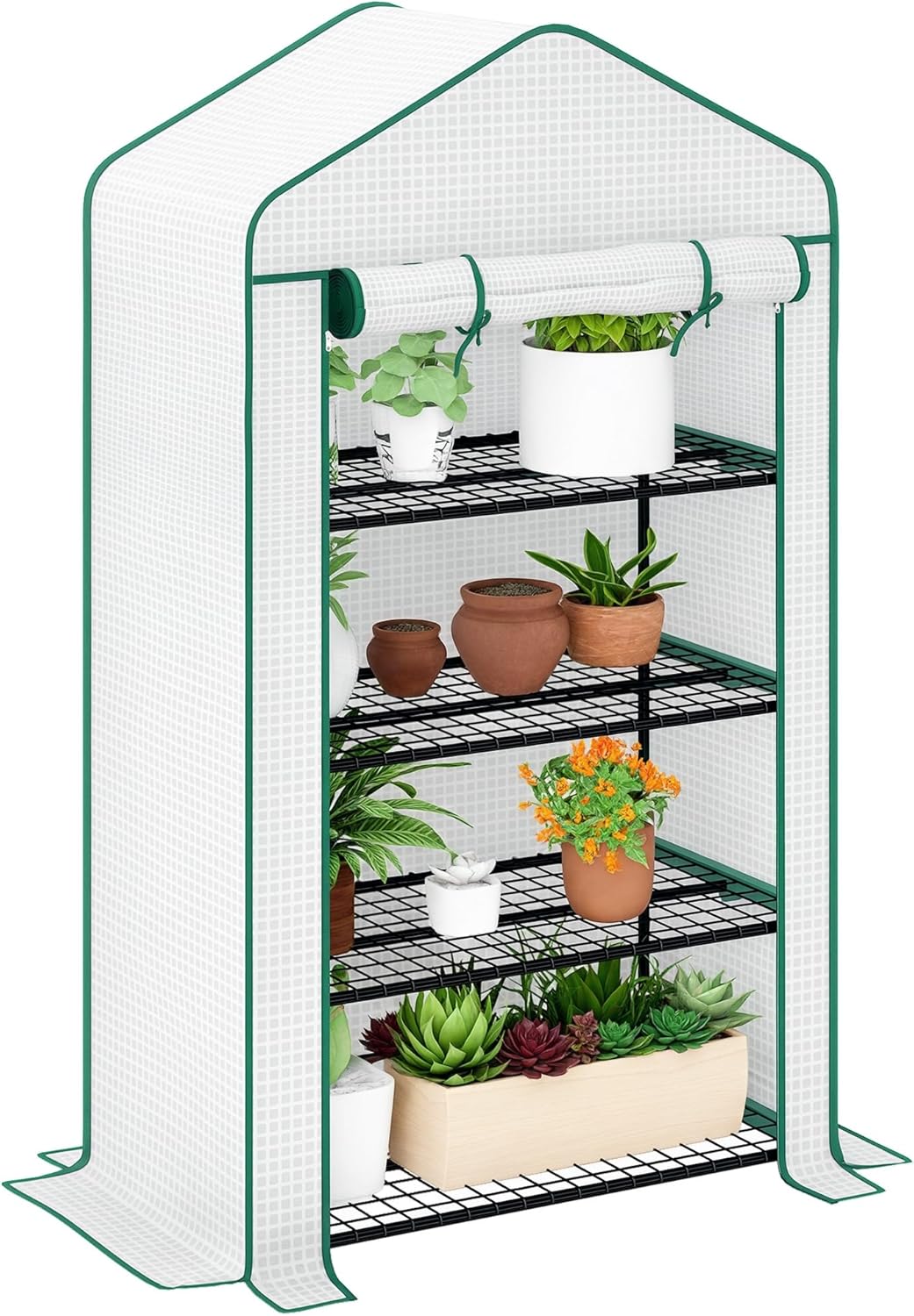 Serre de Jardin PE avec étagères 4 Niveaux, Serre de Balcon, bâche renforcée 135 g/m², châssis en Acier, Porte zippée Enroulable, pour légumes Plantes Fleurs, 90 x 49 x 160 cm, Blanc
