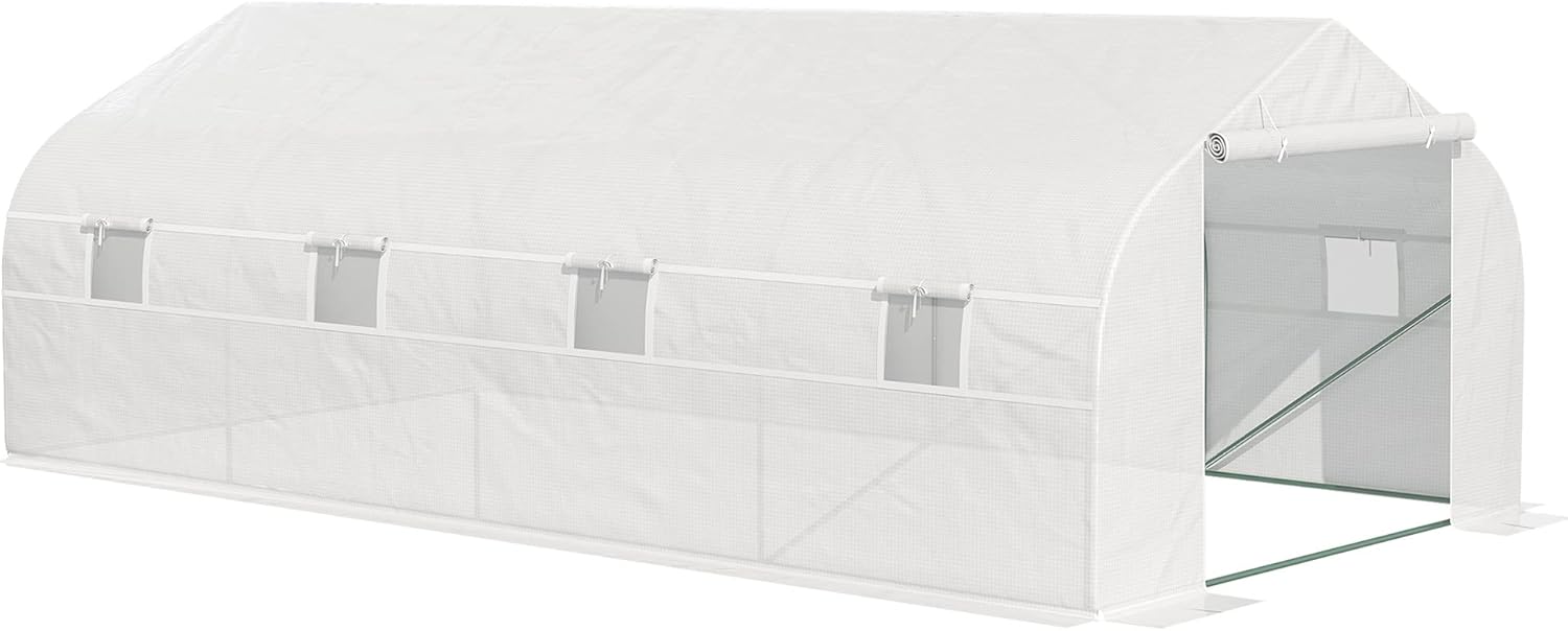 Serre Tunnel de Jardin 18 m² dim - 5,95L x 3l x 2H m Porte + 8 fenêtres enroulables Acier galvanisé bâche PE Haute densité Blanc 595x300x200cm Blanc