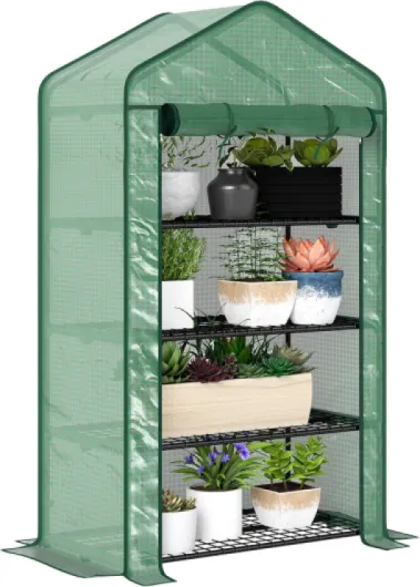 Serre de Jardin PE avec étagères 4 Niveaux, Serre de Balcon, bâche renforcée 135 g/m², châssis en Acier, Porte zippée Enroulable, pour légumes Plantes Fleurs, 90 x 49 x 160 cm, Vert