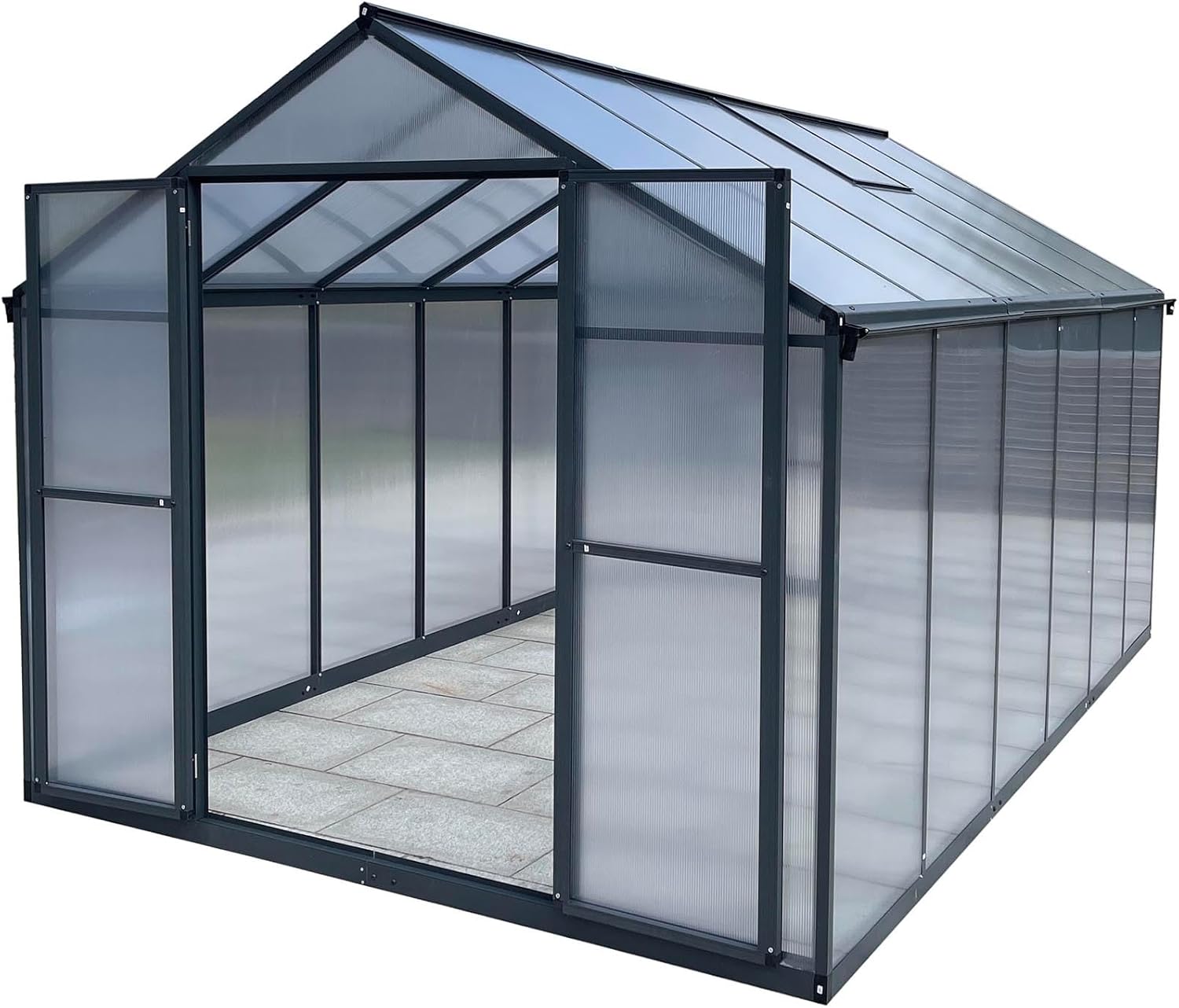 Serre de jardin en aluminium de 8,23 m² avec base de 238 x 361 cm - Double porte polyvalente comme serre - Serre de semis précoce, serre à tomates et maison de plantes 361 x 238 cm, gris