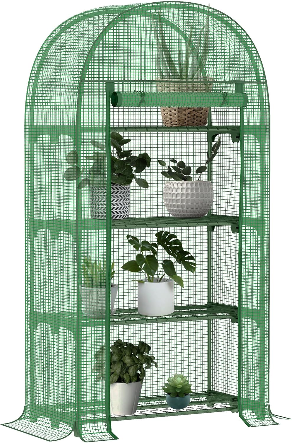 Serre de Jardin PE avec étagères 4 Niveaux, Serre de Balcon, bâche renforcée 130 g/m², châssis en Acier, Porte zippée Enroulable, pour légumes Plantes Fleurs, 80 x 49 x 160 cm, Vert