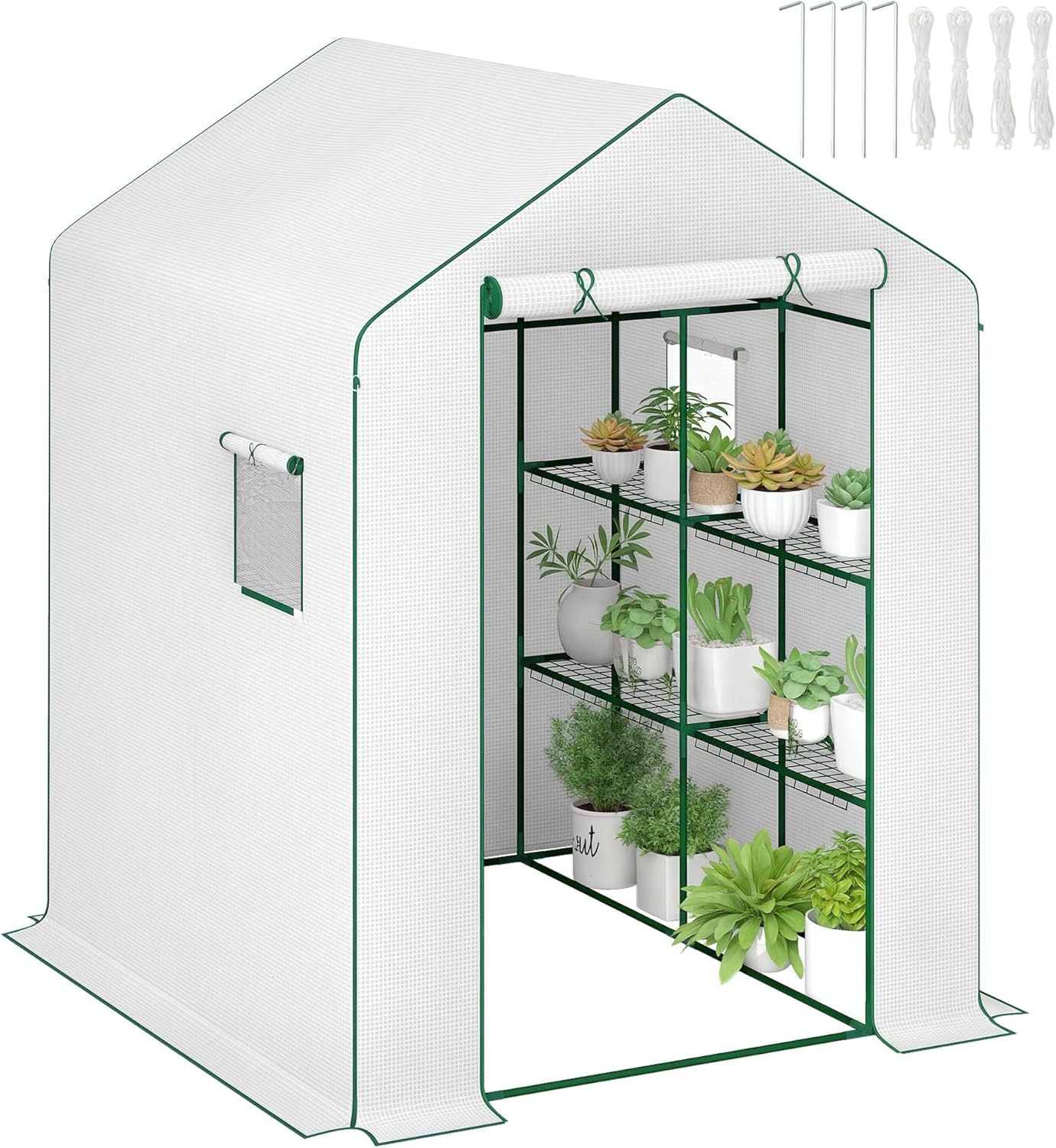 Serre de Jardin PE avec étagères 3 Niveaux, Serre de Balcon, bâche renforcée 135 g/m², châssis en Acier, Porte zippée Enroulable, pour légumes Plantes Fleurs, 140x143x190cm, Blanc 140L x 143l x 190H cm Blanc