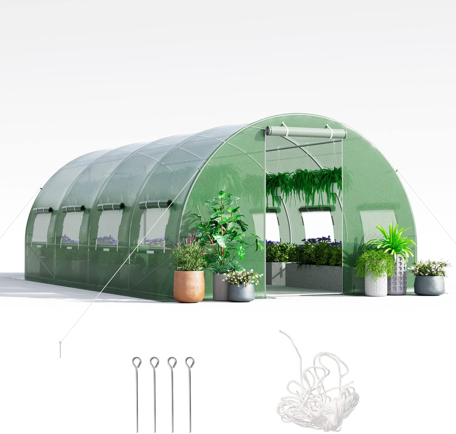 Serre de Jardin Tunnel 600x300x200 CM Cadre en Acier Galvanisé Robuste, Serre Tunnel Coupe-Vent avec Cerceau 8 Fenêtres Enroulables 2 Portes Zippées 600 x 300 x 200 cm