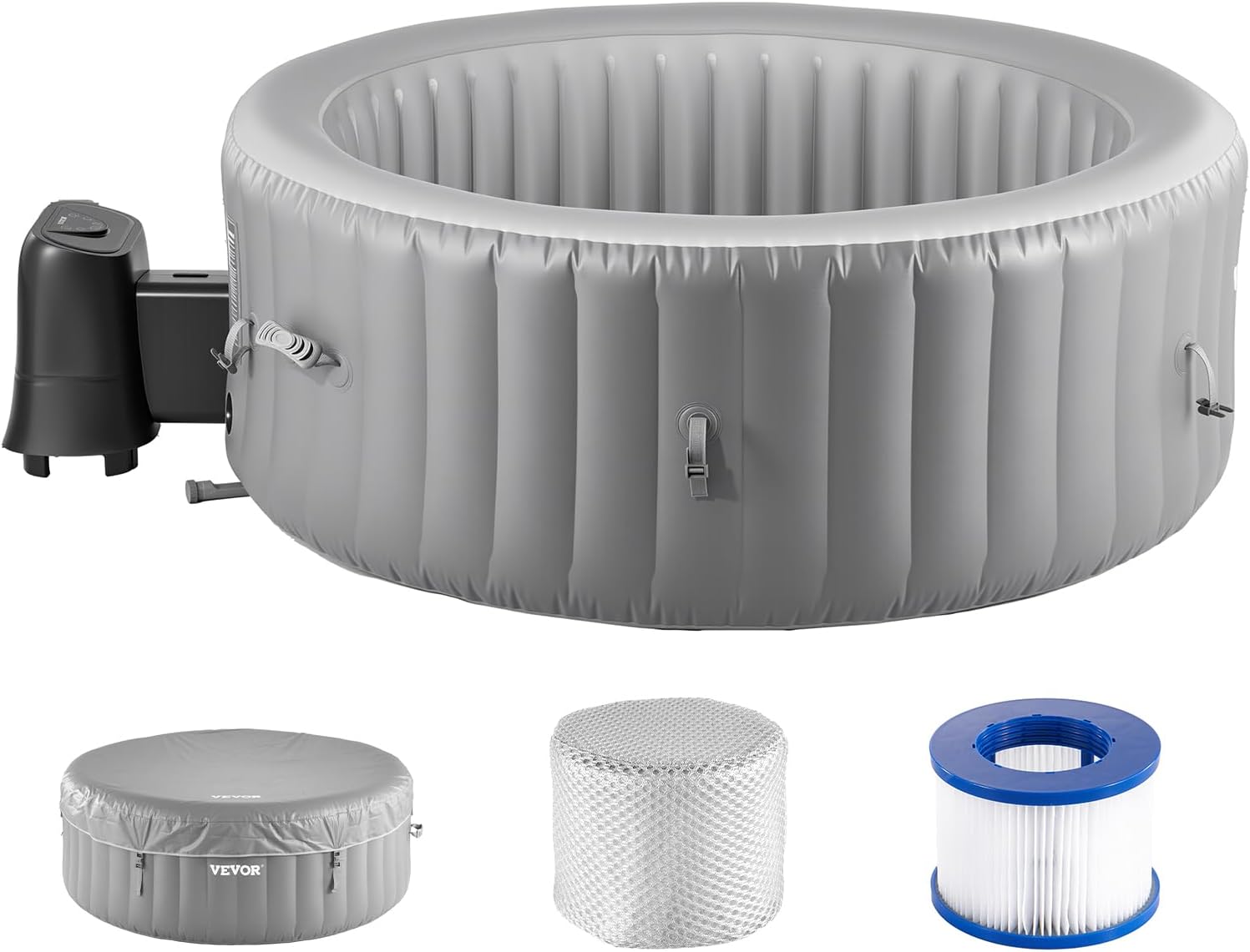 Spa Gonflable Rond Capacité 2-4 Personnes, Bains à Remous d’Extérieur Portable 180x66 cm, avec 110 Jets Apaisants, Filtre, Couverture et Tapis, en PVC, Panneau de Commande Multifonction, Gris