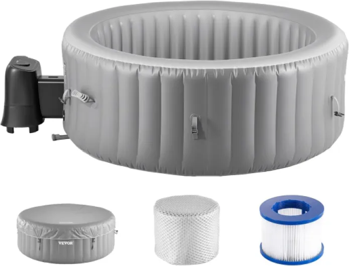 Spa Gonflable Rond Capacité 2-4 Personnes, Bains à Remous d’Extérieur Portable 180x66 cm, avec 110 Jets Apaisants, Filtre, Couverture et Tapis, en PVC, Panneau de Commande Multifonction, Gris