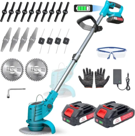 Débroussailleuse Electrique sans Fil, Debrouissalleuses Batterie 800W, Coupe Bordure sans Fil avec 2 x 21V Batterie, 9000 TR/Min, Poignée Télescopique 71-106 cm, 4 Types De Lames, pour Jardin
