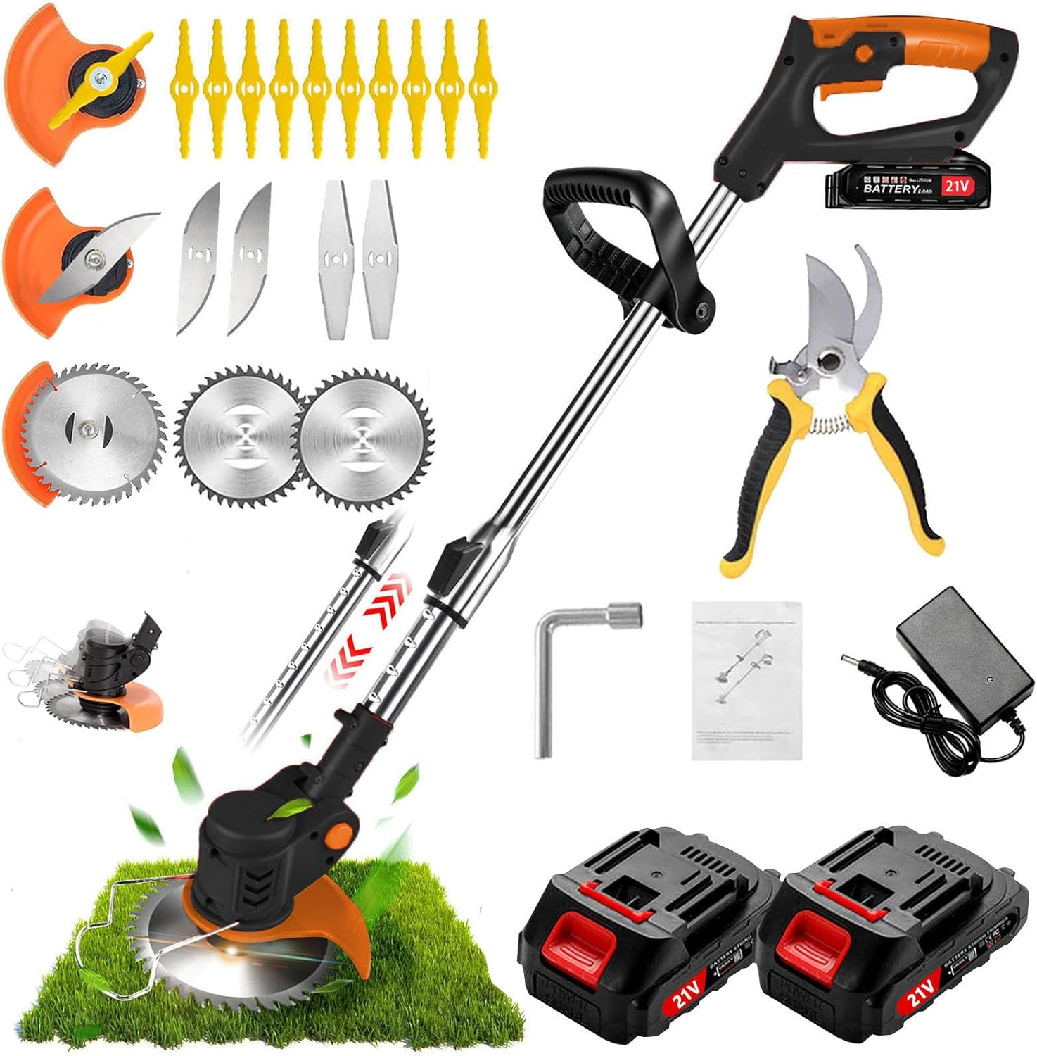 Debroussailleuse Electrique sans Fil, Débroussailleuse à Batterie Livré avec 2 Batteries 21V Et Un Chargeur, Coupe Bordure sans Fil avec 3 Lames Différentes, Peut Tondre Les Pelouses et Les Arbustes Noir