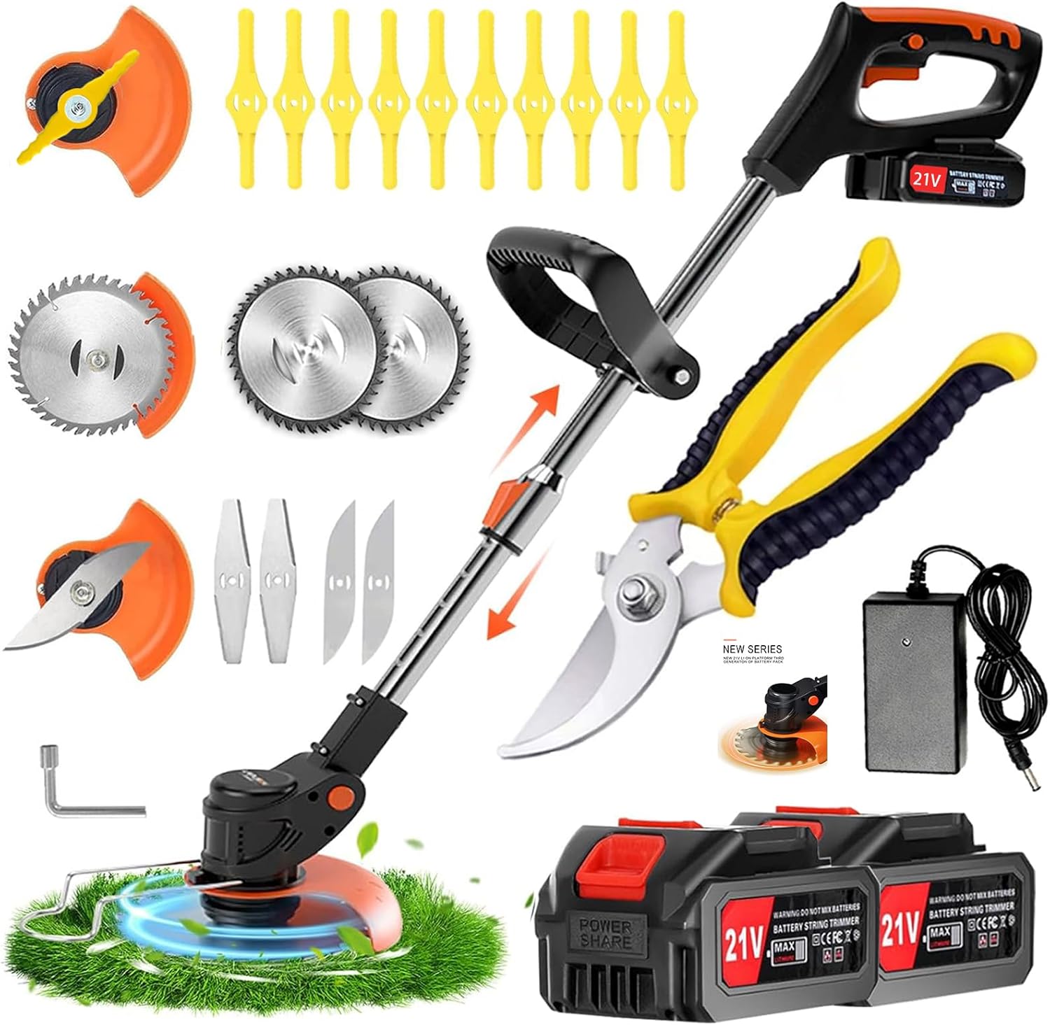 Debroussailleuse Electrique sans Fil 21V 2.0Ah ， 2 Batterie et3 Types De Lames, Coupe Bordure sans Fil avec Batterie ，Debrouissalleuses Batterie Convient pour tondre Les Jardins Noir