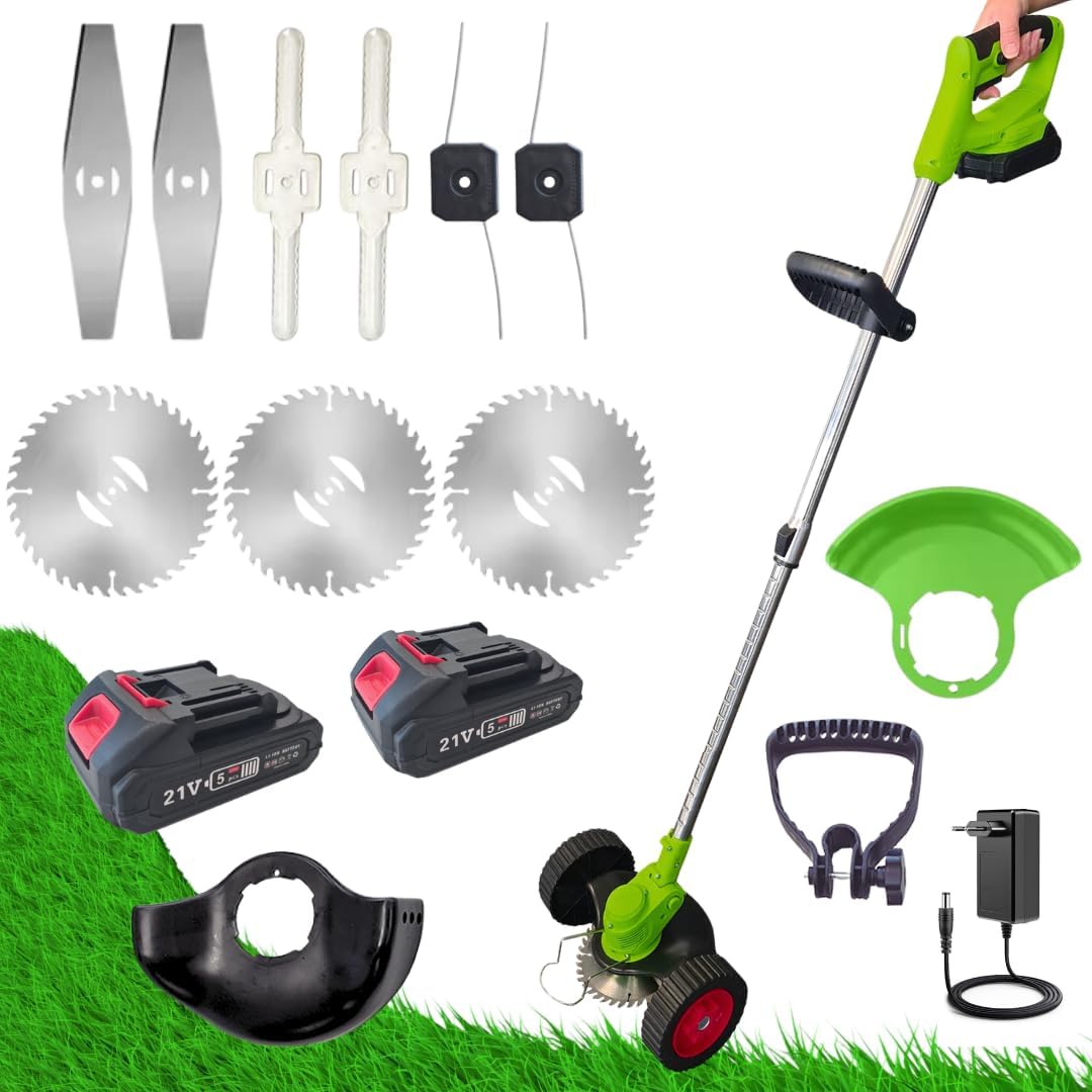 Rotorazer Débroussailleuse électrique 8 en 1, 2 batteries 21 V, coupe-bordures, tondeuse, coupe-gazon, divers accessoires, tête pivotante à 90° (tondeuse + 2 batteries + 3 lames) Mower+2Bat+3Blades