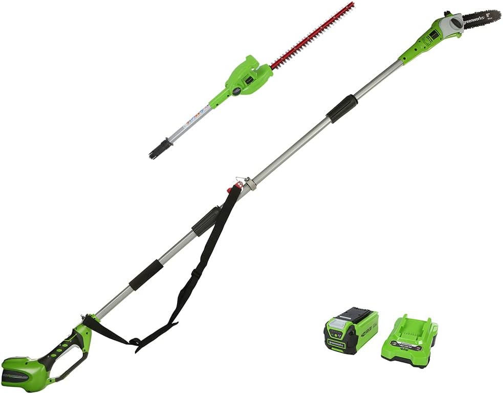 G40PSHK2 Élagueuse et Taille Haie à Batterie sur Perche 2-en-1 avec Bandoulière, Guide Tronçonneuse 20 cm, Lames Double Action 51 cm, Batterie 40V 2Ah Chargeur, Garantie 3 Ans inclu - Batterie 2Ah