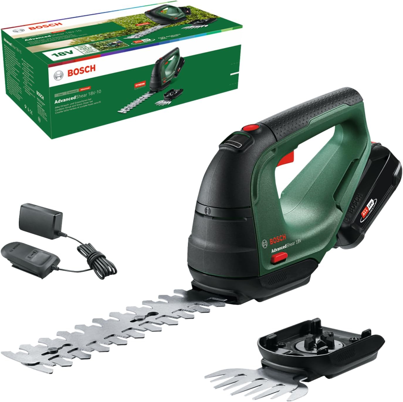 Cisaille à Gazon sans Fil - AdvancedShear 18V-10 (1 Batterie 2.0 Ah, 18 Volt System, Coupe Jusqu’à 85 m² par Charge, avec Lame de Taille-Herbes et Lame de sculpte-Haies) Vert Grasschere 18 Volt - 1 Akku Cisaille à gazon 18 V - 1 batterie