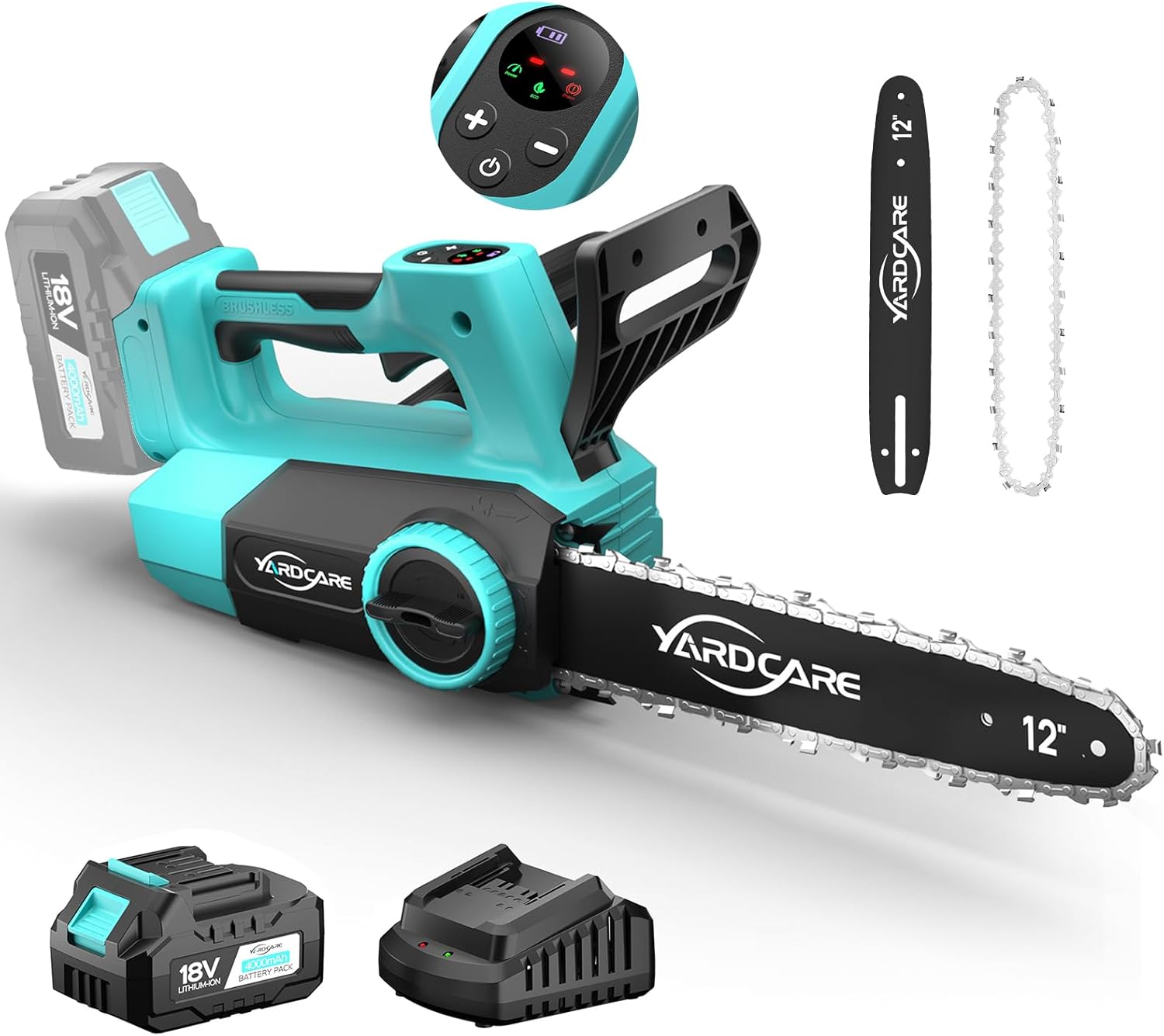 Tronçonneuse sans fil 12 pouces, moteur brushless 1200W, batterie 4Ah, écran LED, tension de chaîne sans outil, lubrification automatique et protection anti-rebond, vitesse de coupe 15 m/s