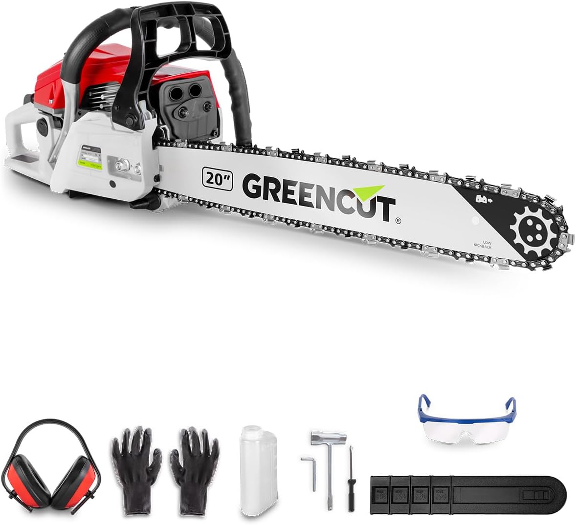 GS610X - Tronçonneuse à essence 62cc 3,6hp, moteu thermique 2 temps, lame 20", longueur de coupe 50,8cm, pour l'abattage et l'élagage, anti-vibration