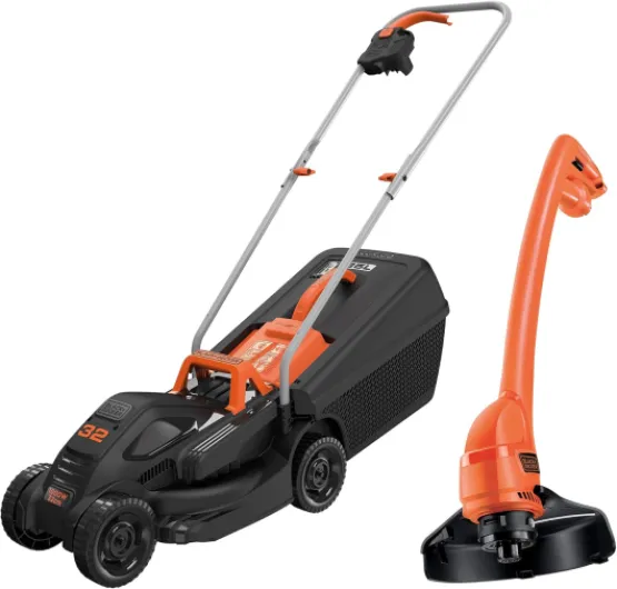 BLACK+DECKER Tondeuse Filaire 1000W et Coupe-Bordures Filaire 250W, Tondeuse à Gazon 32 cm avec 3 Hauteurs de Coupe, Coupe-Bordures 23 cm avec Déroulement du Fil Automatique, BEMW351GL2-QS Noir Unique