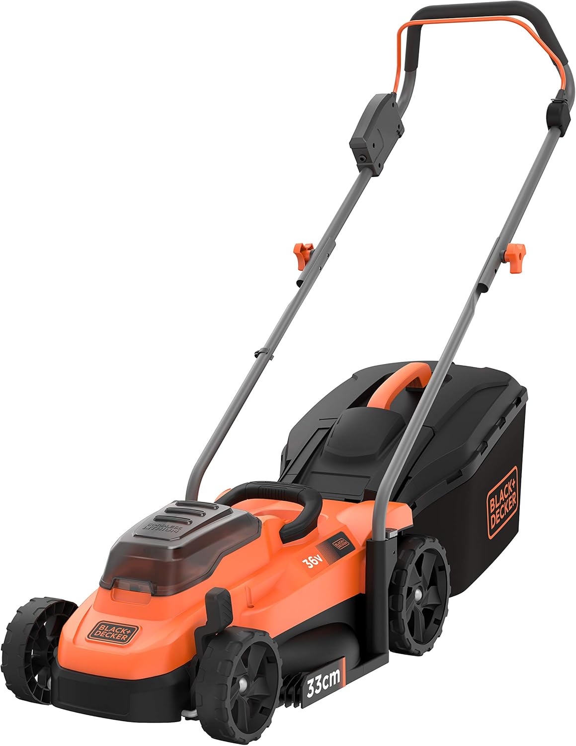 Black+Decker Tondeuse à gazon sans fil BCMW3336N (36 V, largeur de coupe de 33 cm, pour surfaces moyennes jusqu'à 250 m², 5 niveaux de réglage de la hauteur, panier collecteur de 35 l, livrée sans