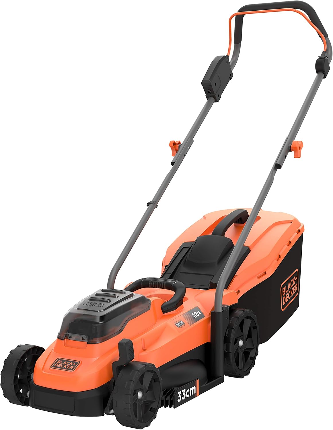 BLACK+DECKER Tondeuse - 18V - 33 cm - Jardin Jusqu'à 350 m² - Fonction Mulching - 5 Hauteurs de Coupe Ajustables - 35 L - Poignée Forme Landeau - 2 Batteries et 1 Chargeur - BCMW3318L2-QW Orange/Noir Unique