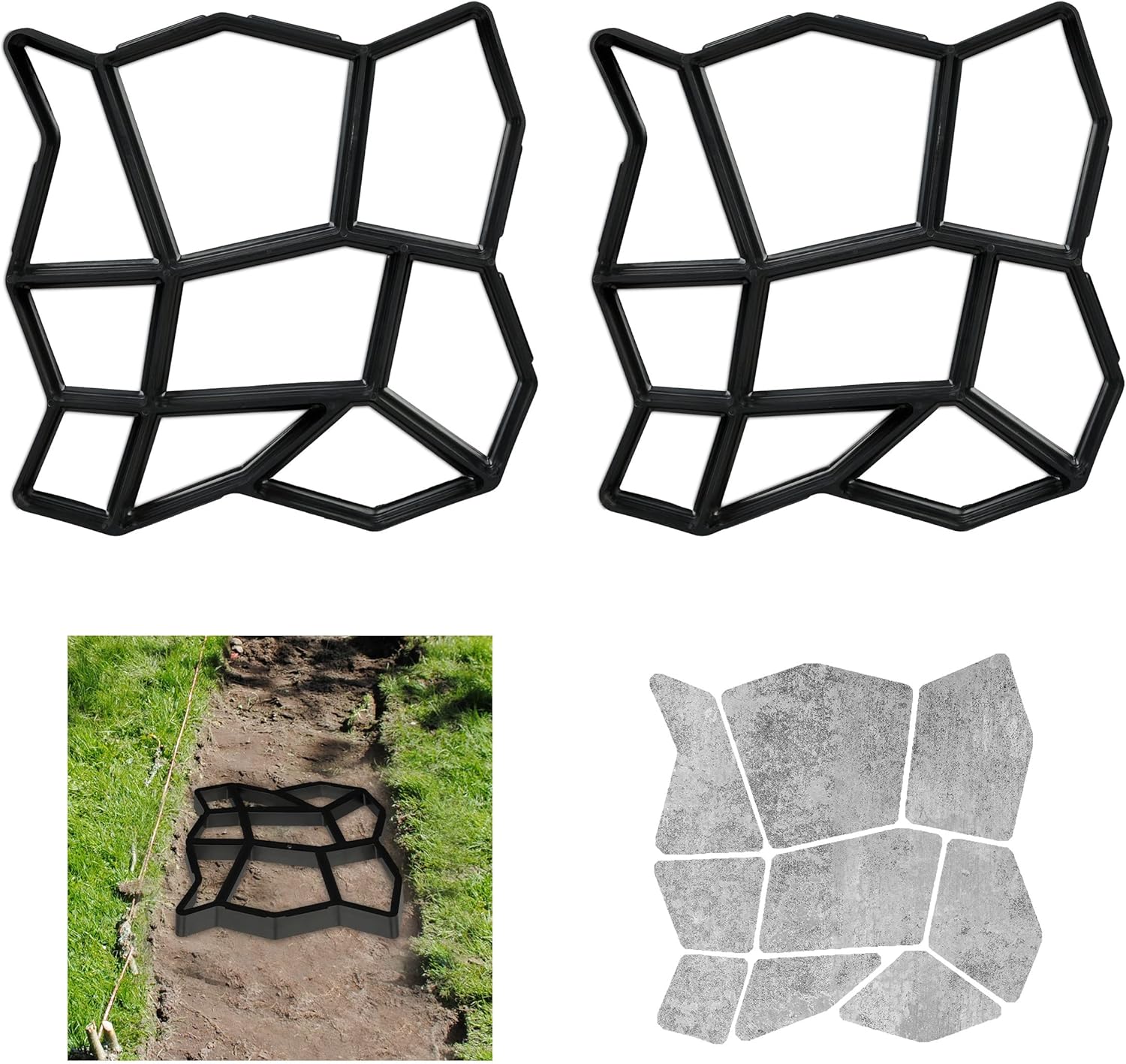 Moule en Lot de 2, DIY Conception d'allées de Jardin, à couler soi-même, HxLxP : 4x32x32 cm, Plastique, Noir