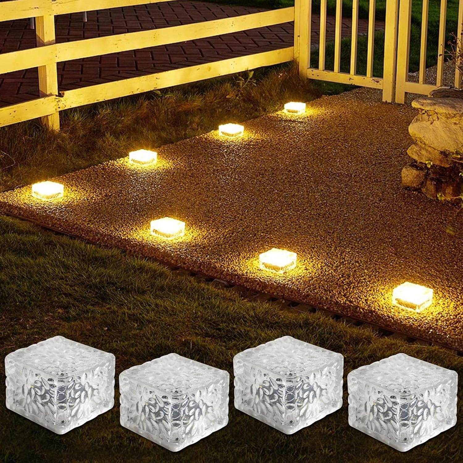 Lot de 4 lampes solaires d'extérieur en verre pavé, lampes solaires LED étanches pour l'extérieur, pavés, éclairage de chemin, décoration pour jardin, terrasse, pas de marche, 7 x 7 x 5 cm
