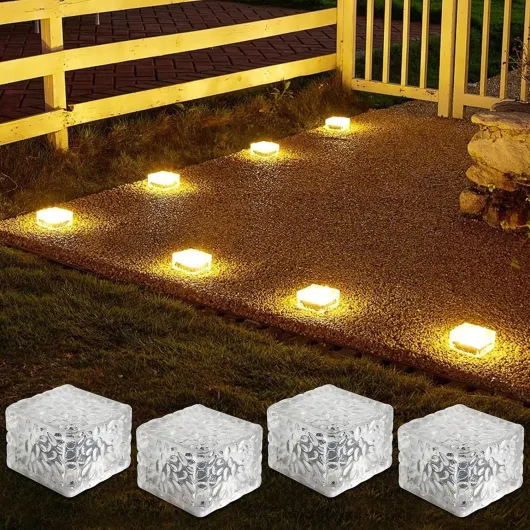 Lot de 4 lampes solaires d'extérieur en verre pavé, lampes solaires LED étanches pour l'extérieur, pavés, éclairage de chemin, décoration pour jardin, terrasse, pas de marche, 7 x 7 x 5 cm