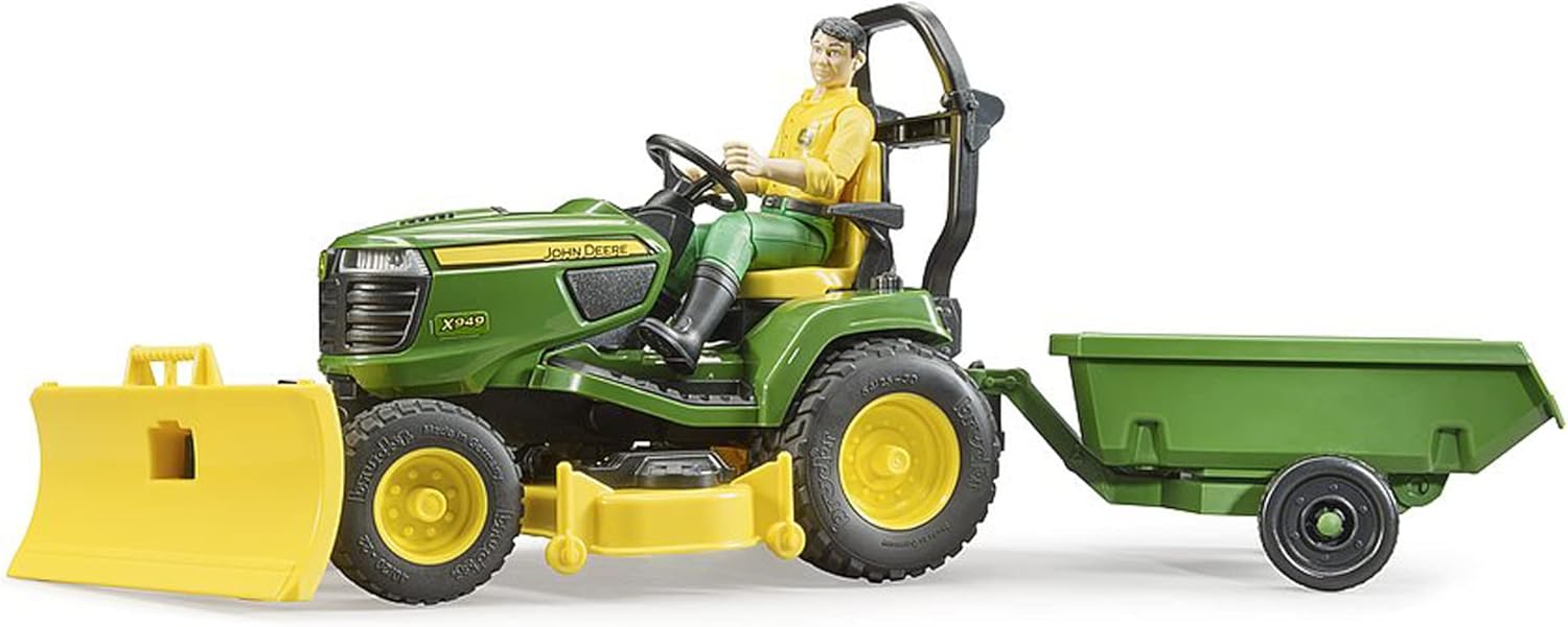 62104 - Bworld John Deere Tracteur à gazon avec remorque & jardinier - 1:16 Tracteur, tondeuse à gazon, remorque, ferme, homme, jouet figuratif, travailleur, paysan