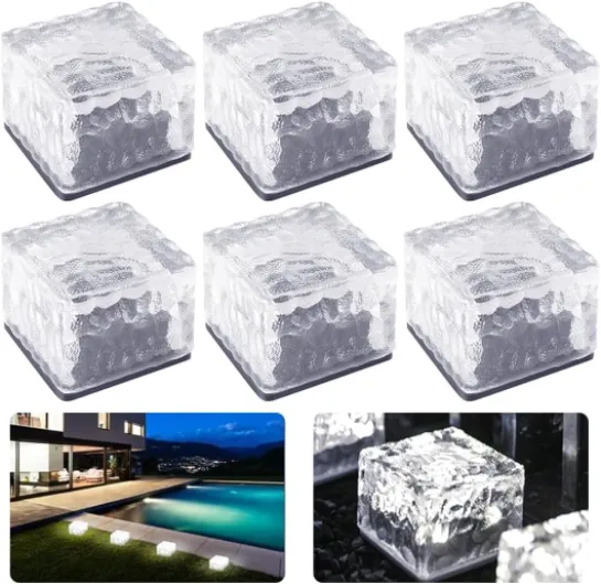 6 Paves Lumiere Solaire Exterieur Jardin,6,8 x 6,8 x 4,8 cm,Brique de Verre de LED Jardin Exterieur Solaire,Lumiere Solaire,Étanche, Interrupteur à Capteur,Pour Terrasses,Routes [Classe énergétique C]