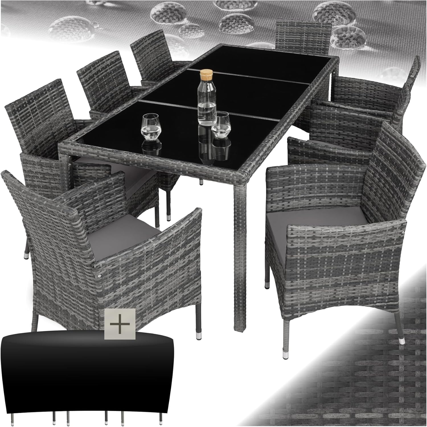® Salon de Jardin Extérieur en Poly Rotin - Table, 8 Fauteuils Confortables, Housse de Protection - Mobilier pour Aménagement Balcon Terrasse - Gris Tacheté/Gris Gris Tacheté/ Gris