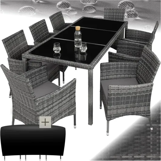 ® Salon de Jardin Extérieur en Poly Rotin - Table, 8 Fauteuils Confortables, Housse de Protection - Mobilier pour Aménagement Balcon Terrasse - Gris Tacheté/Gris Gris Tacheté/ Gris