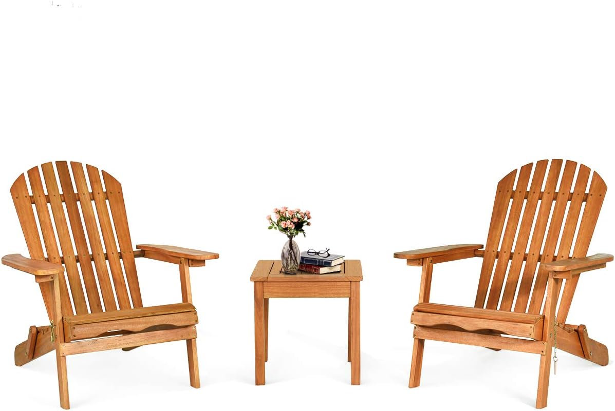 Salon de Jardin Exterieur 2 Personnes, Table Exterieur avec 2 Chaises Adirondack Pliantes 3 Pièces en Bois Eucalyptus, 2 Fauteuils Adirondack, 1 Table d'Appoint, pour Balcon Porche
