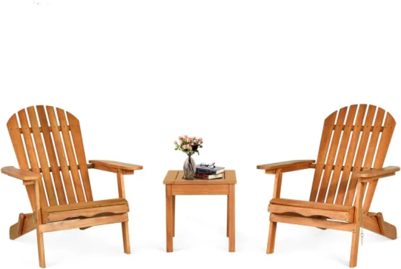 Salon de Jardin Exterieur 2 Personnes, Table Exterieur avec 2 Chaises Adirondack Pliantes 3 Pièces en Bois Eucalyptus, 2 Fauteuils Adirondack, 1 Table d'Appoint, pour Balcon Porche