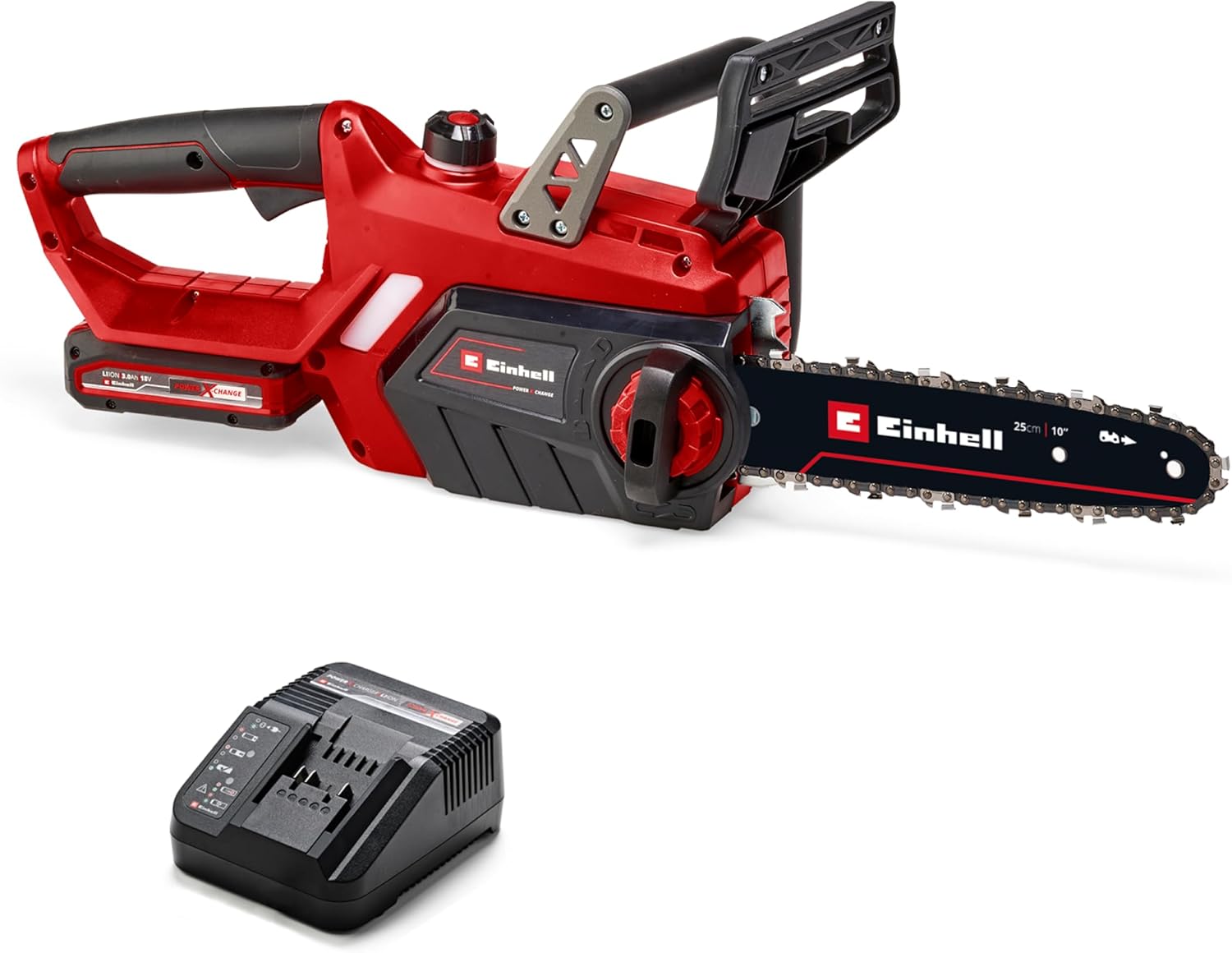 Tronçonneuse sans fil Einhell GE-LC 18/25-1 Li Kit Power X-Change (18 V, longueur de coupe 23 cm, vitesse de chaîne 4,5 m/s, lubrification automatique, incl - 1x batterie 3,0 Ah + chargeur) Kit: Batterie 3,0Ah + Chargeur