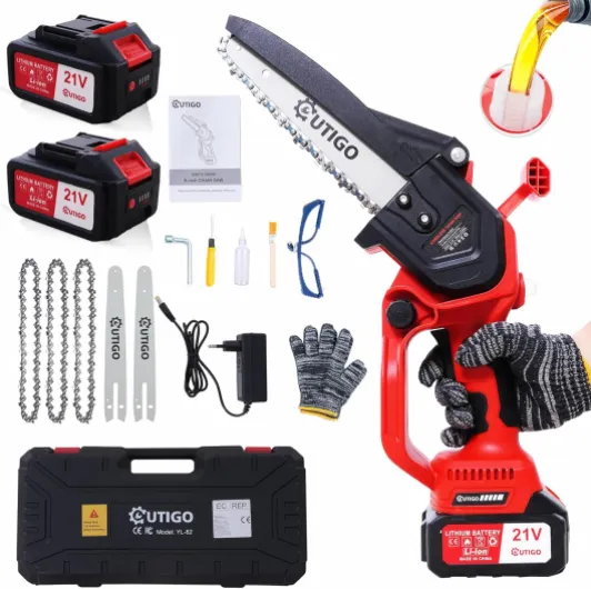 Tronçonneuse à batterie, 8 pouces, 2 * 4000mAh Akku, MINI Tronçonneuse sans fil, 4chaînes+3 barres de guidage de chaîne