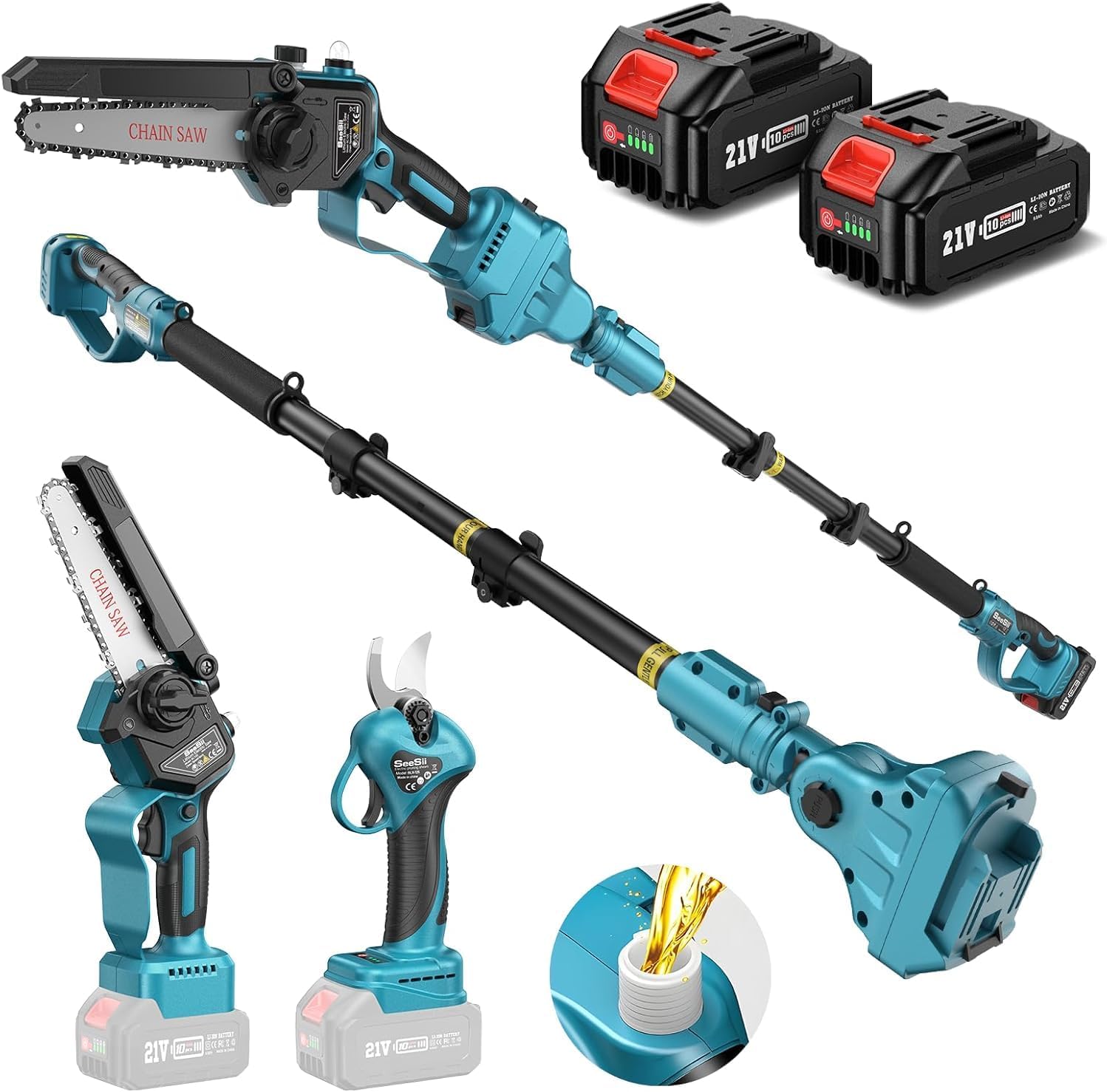 P6 Combo 6 Pouces Mini Tronconneuse avec Perche & 33 mm Secateur Electrique, 4-en-1 Ensemble d’Outils de Jardin avec 2 * 4000 mAh Batteries, Portée Maximale Jusqu’à 4,57 m 4-IN-1 6 pouces