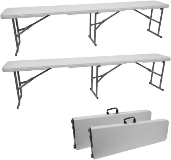 2 Bancs pliants Blancs-Bancs pliants Jardin- Bancs pliants Camping - 182X28X43cm - Poignée de Transport