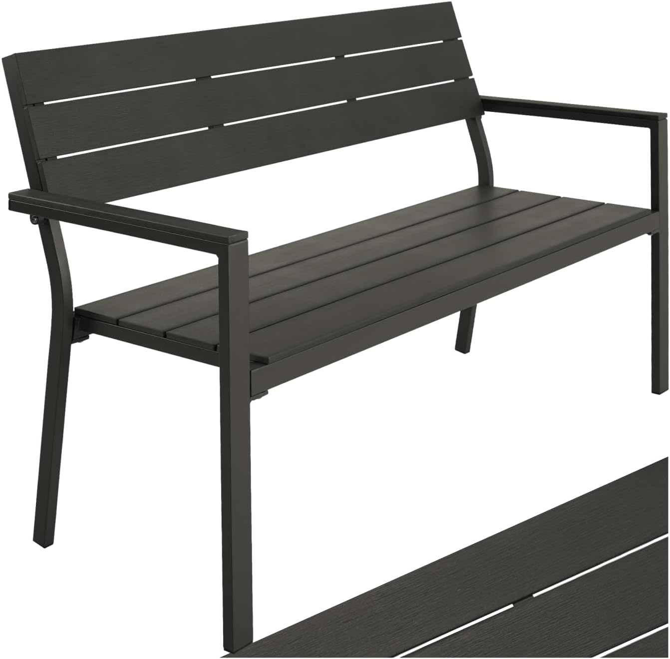 ® Banc de Jardin Solide en Aluminium et Polystyrène Effet Bois, Banquette de Jardin Banc Résistant aux intempéries, Mobilier pour Amenagement Balcon Terrasse Veranda Pergola Gris Foncé