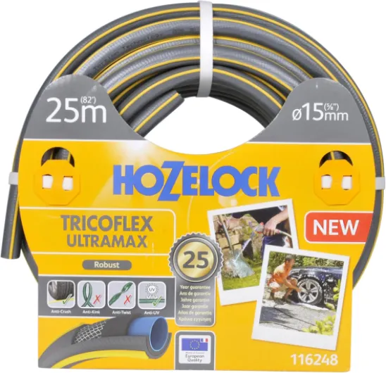 Tuyau Tricoflex Ultramax Ø 15mm (5/8") 25 M : Tuyau d'Arrosage Robuste, Résistant aux Intempéries, Anti-Vrille, Anti-Torsion et Anti-Écrasement, 40% PVC Recyclé [116248] Ø 15 mm 25 m ULTRAMAX