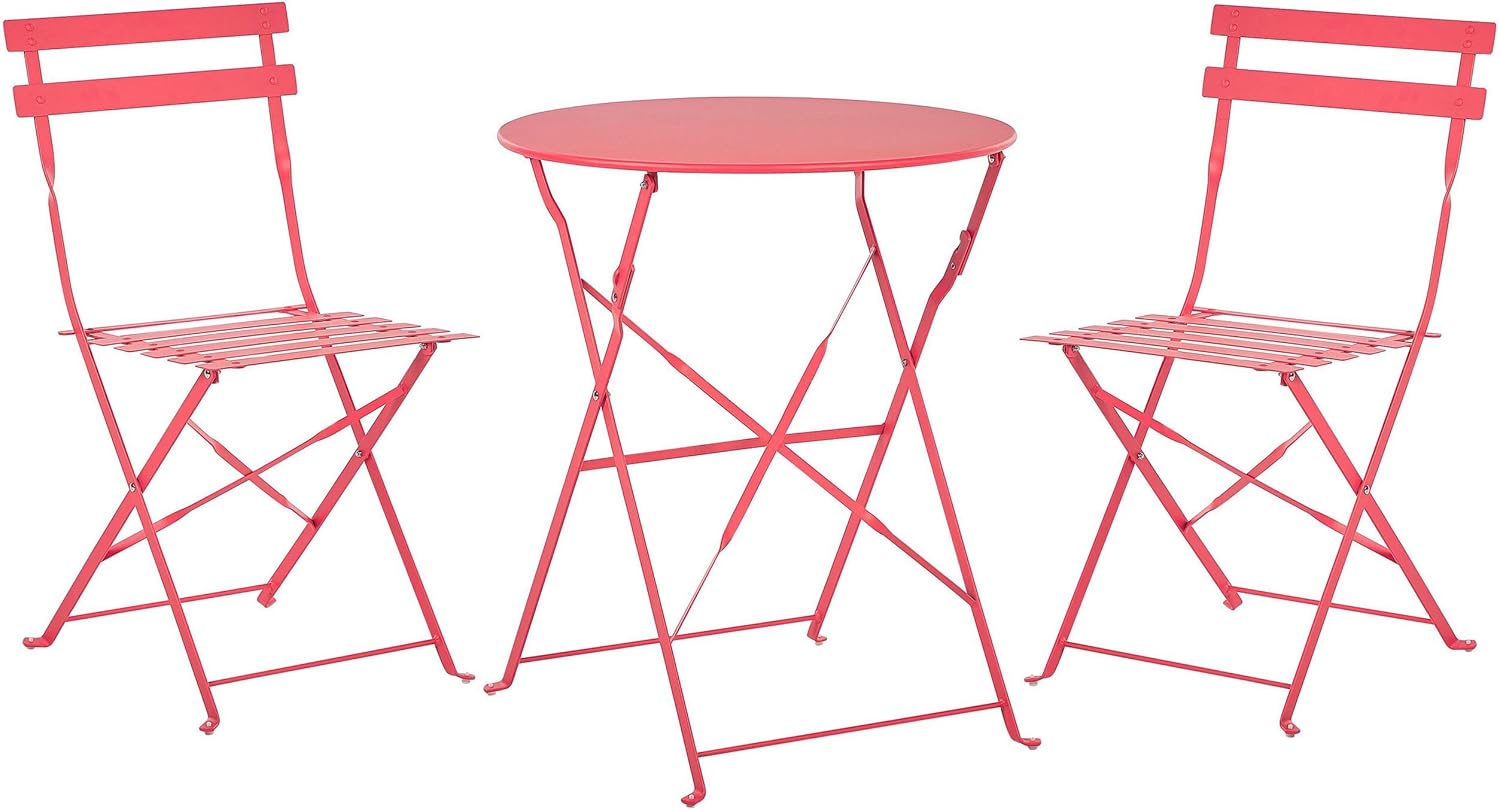 Salon de Jardin Bistrot Table et 2 Chaises en Acier Rouge Pliable avec Patins Fiori