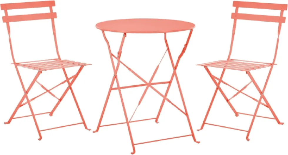Salon de Jardin Bistrot Table et 2 Chaises en Acier Rouge Corail avec Patins Fiori
