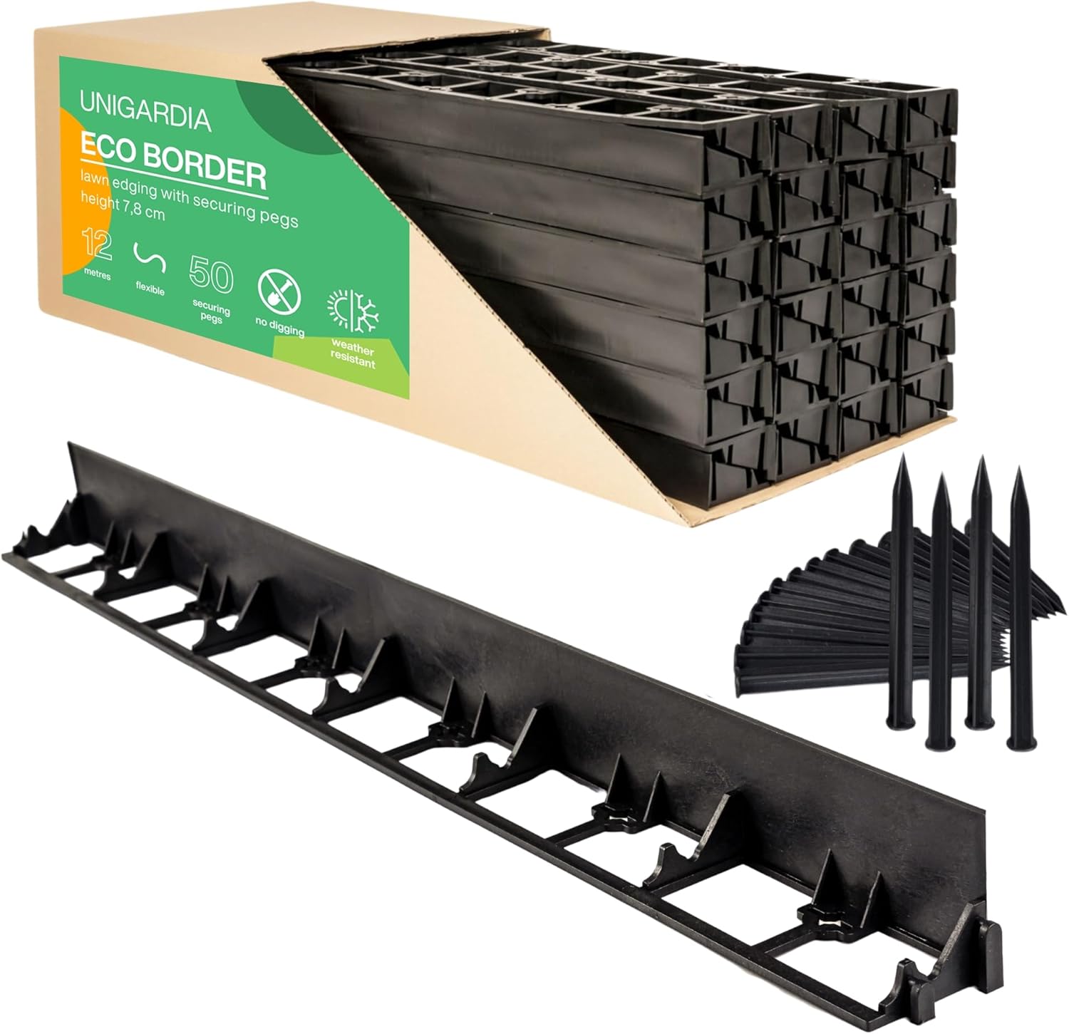 Bordure de Jardin en Plastique 12 mètres avec 50 Piquets d'ancrage - Bordurette de Pelouse Flexible, Utilisation Facile - 12 Bordures de Gazon (Largeur 1 m, Hauteur 78 mm) Hauteur 78 mm 12 Mètres + 50 Piquets