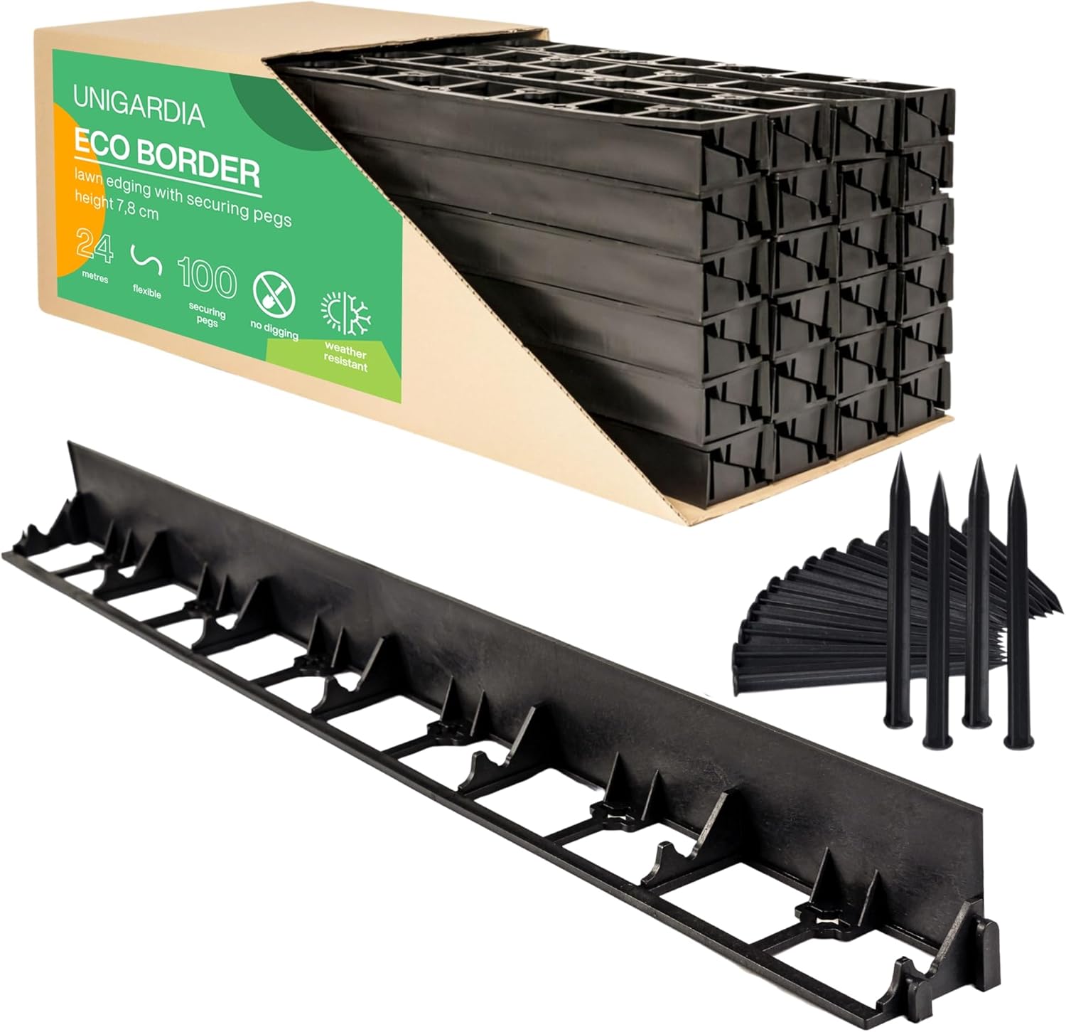 Bordure de Jardin en Plastique 24 mètres avec 100 Piquets d'ancrage - Bordurette de Pelouse Flexible, Utilisation Facile - 24 Bordures de Gazon (Largeur 1 m, Hauteur 78 mm) Hauteur 78 mm 24 Mètres + 100 Piquets