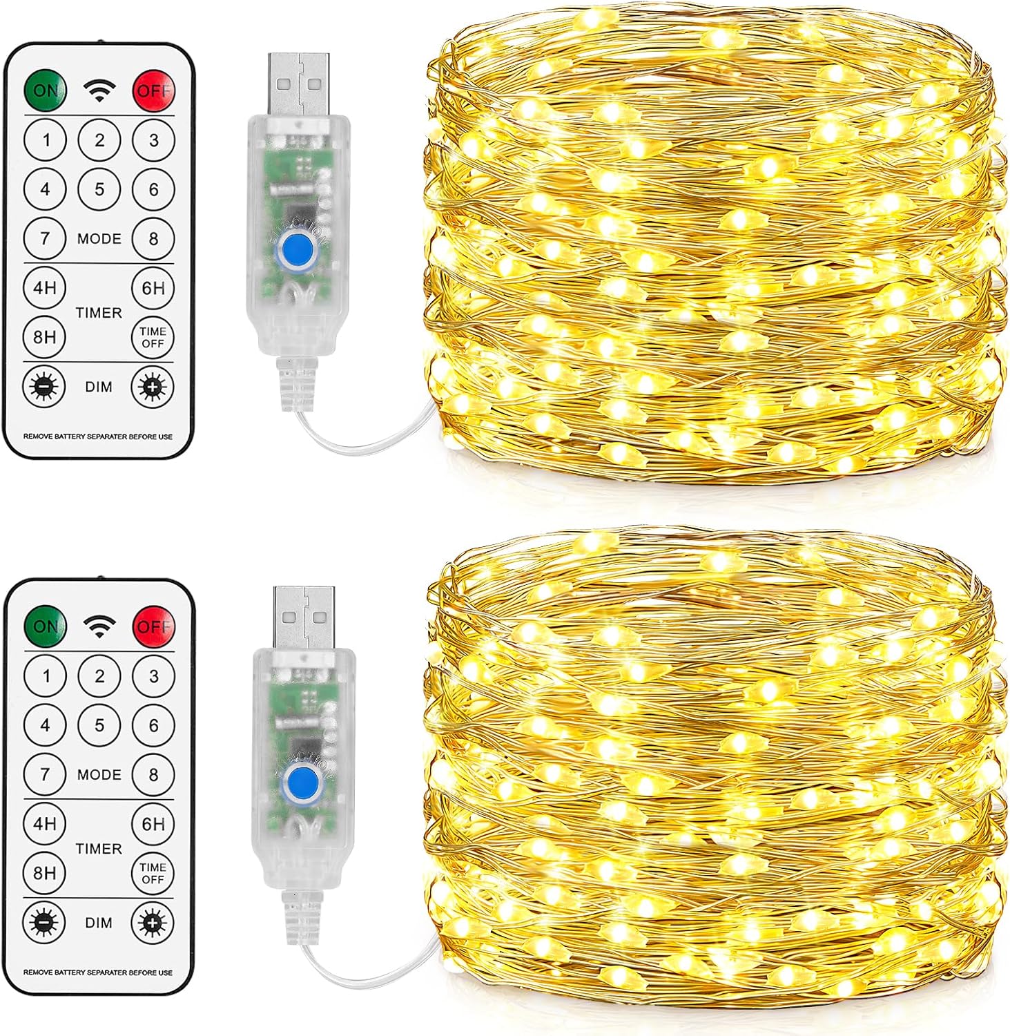 150LED Guirlande Lumineuse, 15M USB Etanche Guirlande LED 8 Modes avec Télécommande et Minuterie, Lumière Etoilée en Fil de Cuivre pour Interieur, Décoration, Noël, Oirée, Mariage, Fête Blanc Chaud 15M Lot de 2
